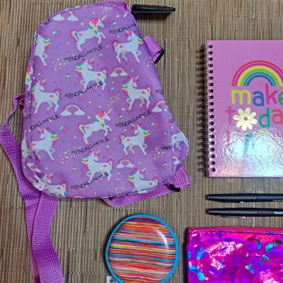 7 Piece Kendall & Kylie Purple Unicorn Mini Backpack Bag with Accessories - Picture 2 of 7